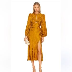 ASTR THE LABEL SUZY FLORAL CUTOUT LONG SLEEVE GOLDEN SILKY MIDI DRESS sz L